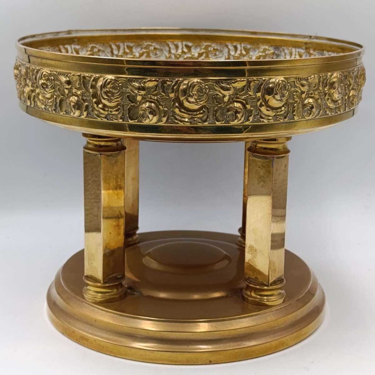 Vintage brass fruit bowl with rose design and 4 pillars