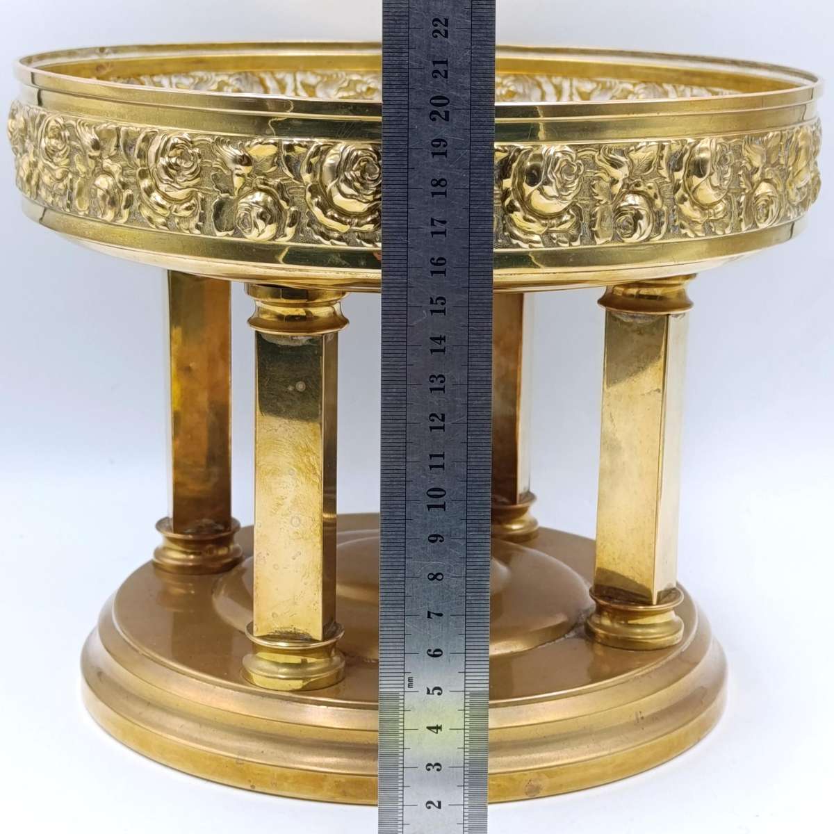 Vintage brass fruit bowl with rose design and 4 pillars