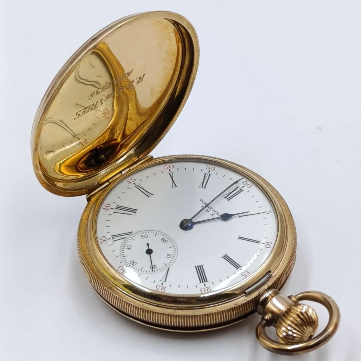 Antique 1903 Waltham full hunter goldplated pocketwatch - working - serial 12233776 - with pouch