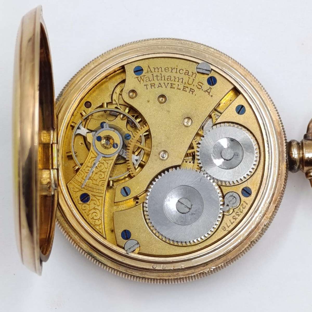 Antique 1903 Waltham full hunter goldplated pocketwatch - working - serial 12233776 - with pouch