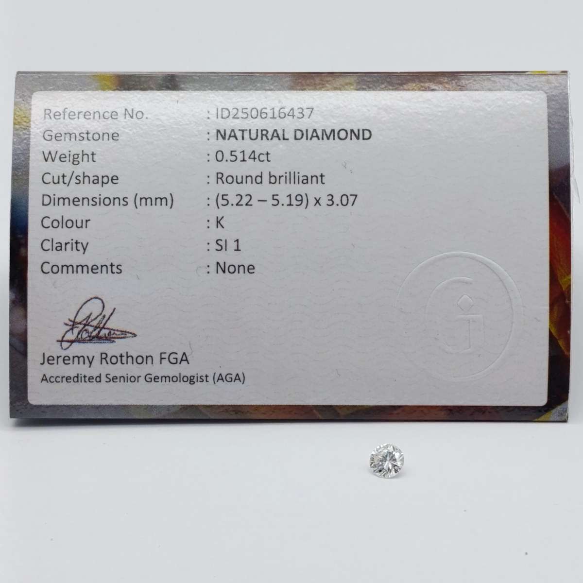 Natural Round Brilliant diamond of 0,514ct - Colour K, clarity SI1 - with GEMLAB certificate