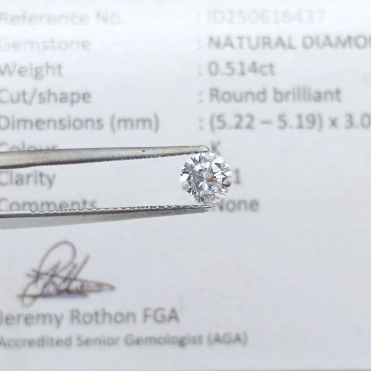 Natural Round Brilliant diamond of 0,514ct - Colour K, clarity SI1 - with GEMLAB certificate