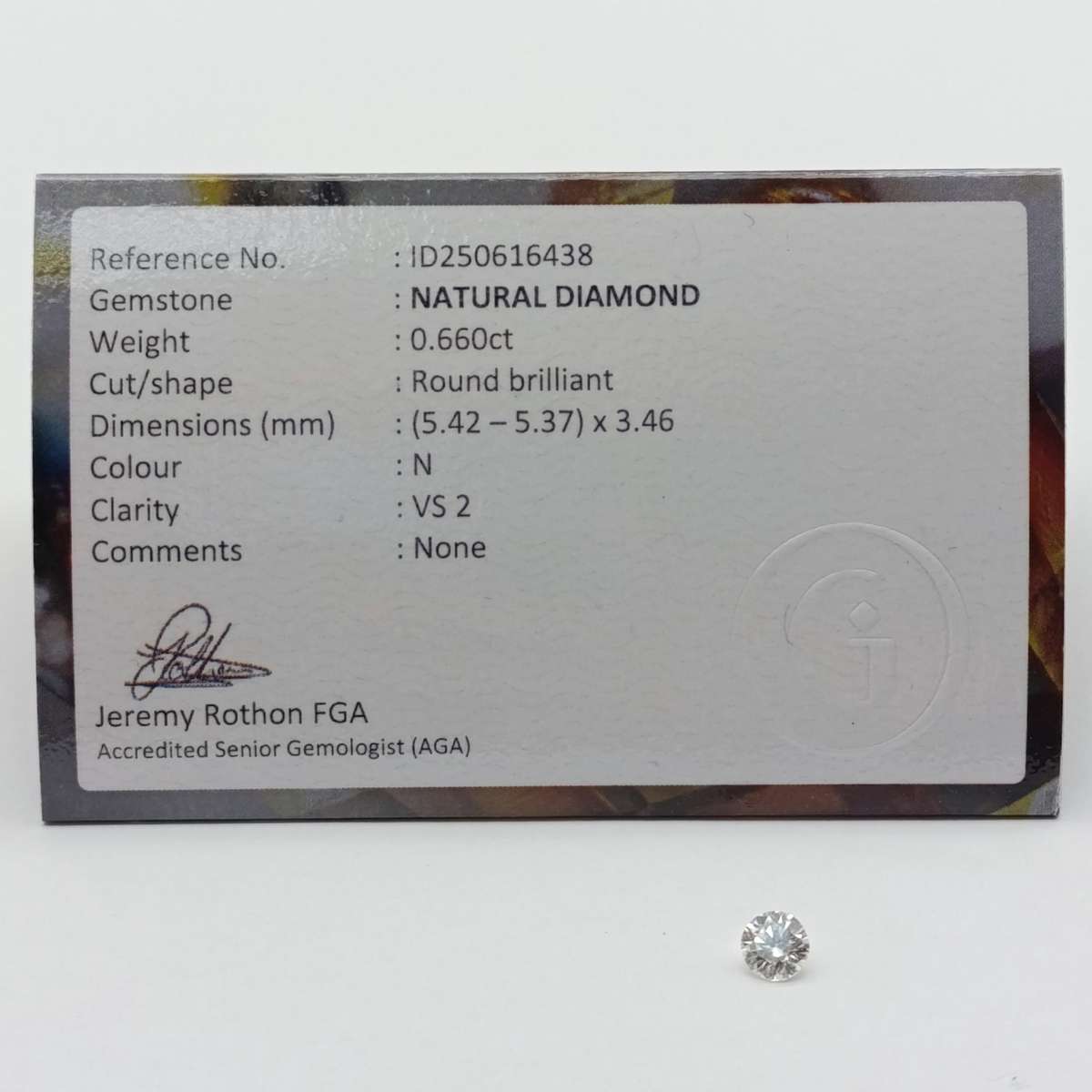 Natural Round Brilliant diamond of 0,66ct - Colour N, clarity VS 2 - with GEMLAB certificate