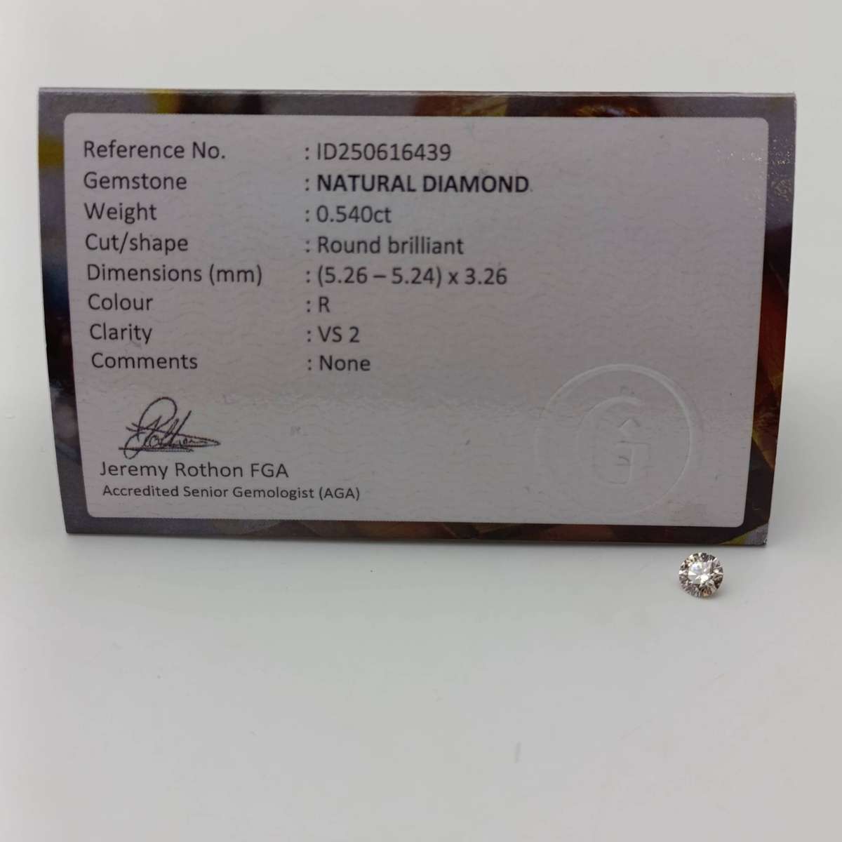 Natural Round Brilliant diamond of 0.54 ct - color R, Clarity VS2 - with GEMLAB certificate