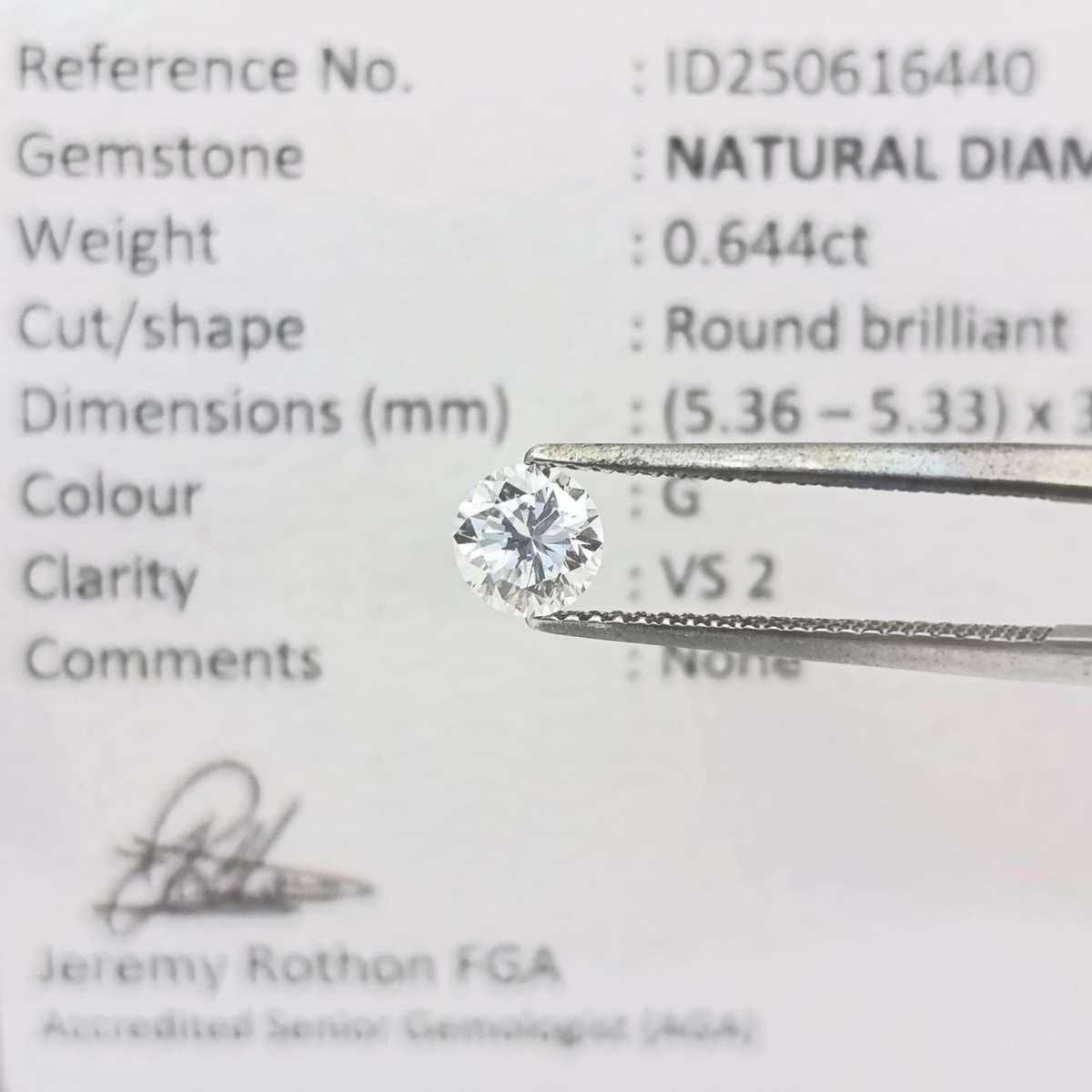 Natural Round Brilliant Diamond of 0,644ct - Colour G, clarity VS 2 - with GEMLAB certificate