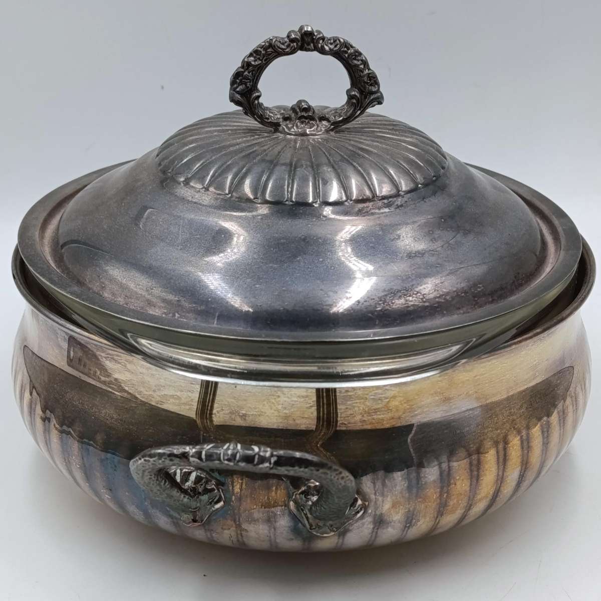 Vintage silverplated serving bowl with Pyrex glass inner and lid
