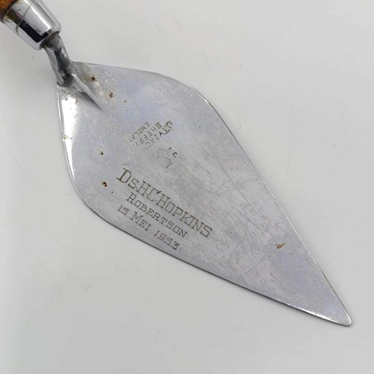 Vintage cornerstone ceremonial trowel issued to DS HC Hopkins Robertson Church 15 May 1953