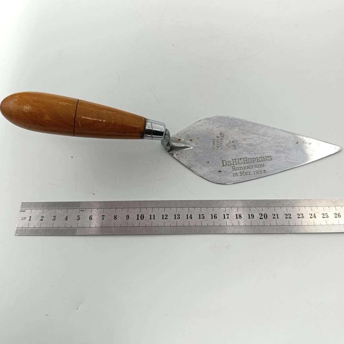 Vintage cornerstone ceremonial trowel issued to DS HC Hopkins Robertson Church 15 May 1953