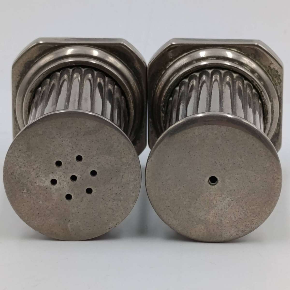 Pair of silverplated column pillar shaped salt and pepper shakers