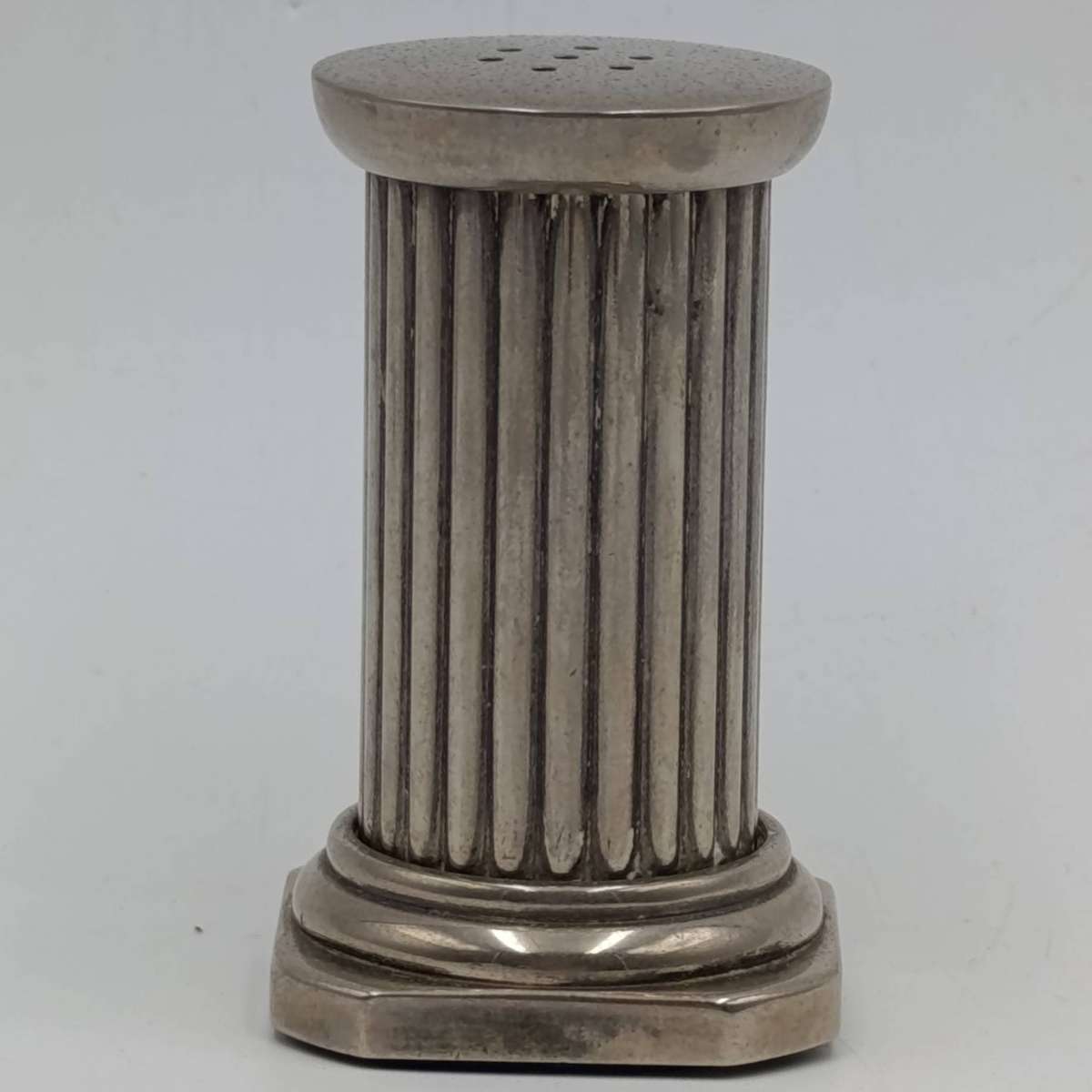 Pair of silverplated column pillar shaped salt and pepper shakers