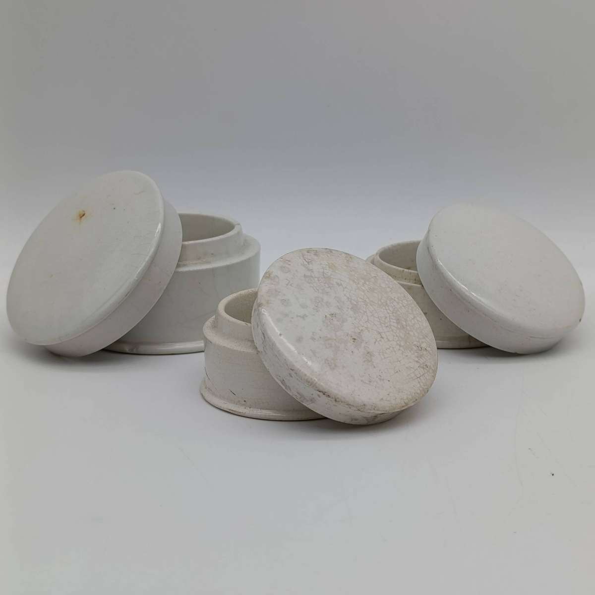 Lot of 3 Antique porcelain toothpaste holders with lids