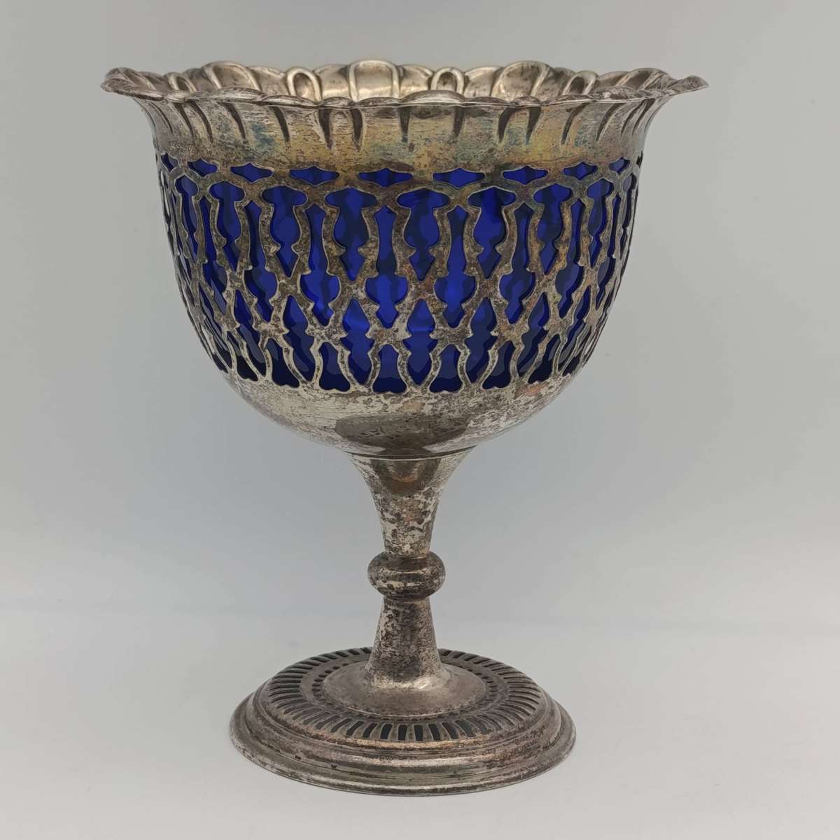 Silverplated vintage sugar bowl with cobalt blue glass insert