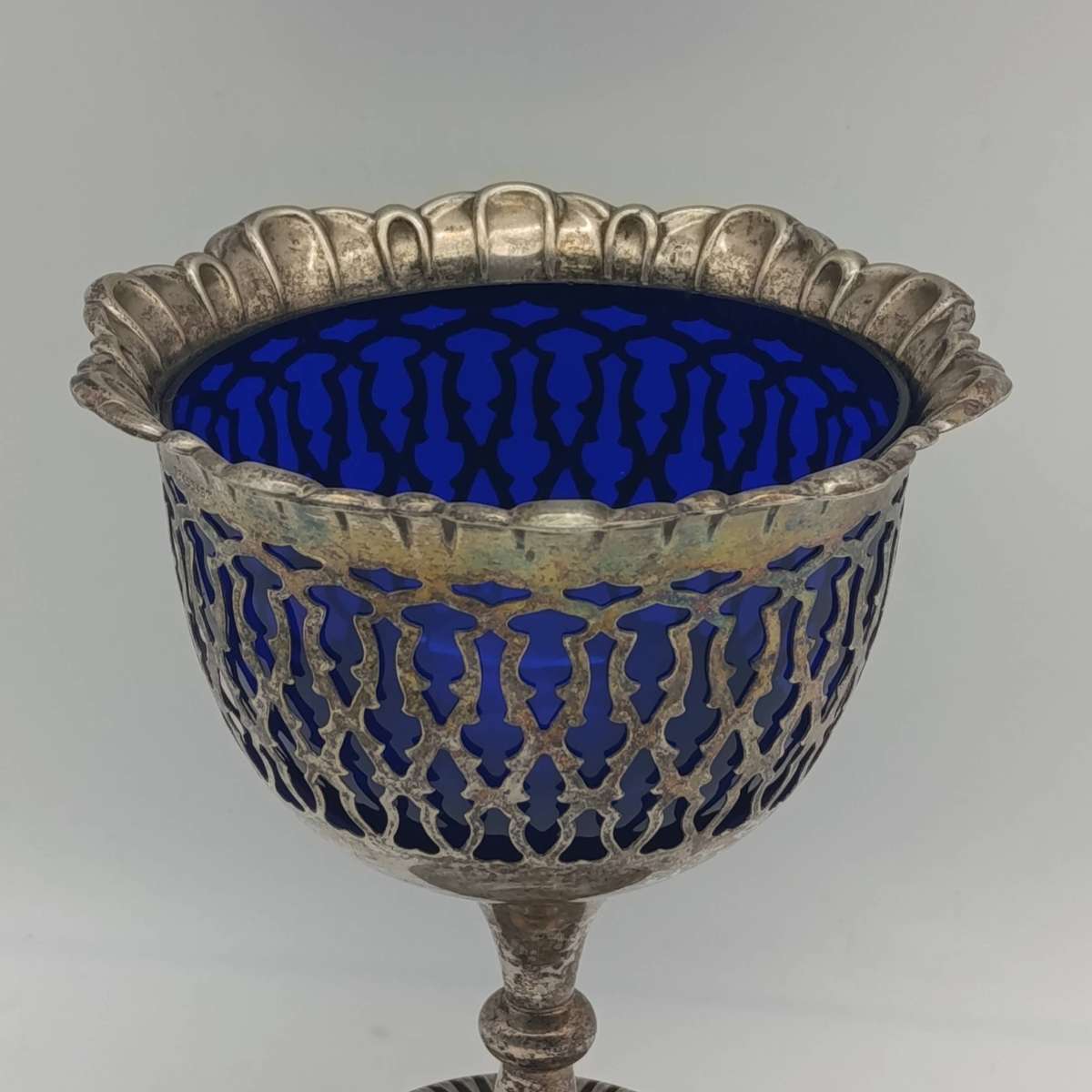 Silverplated vintage sugar bowl with cobalt blue glass insert