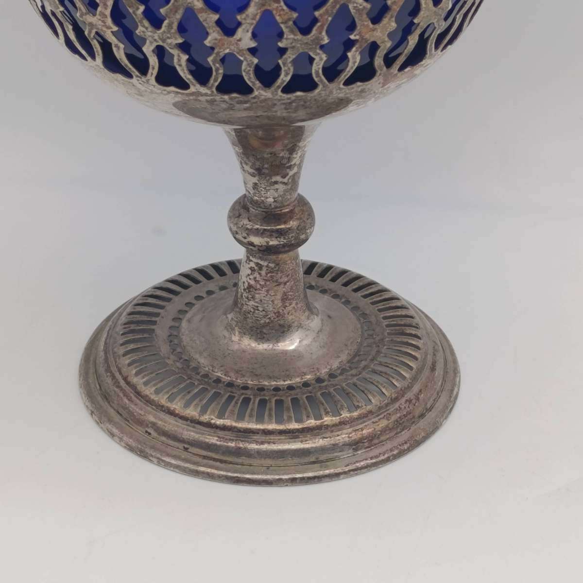 Silverplated vintage sugar bowl with cobalt blue glass insert