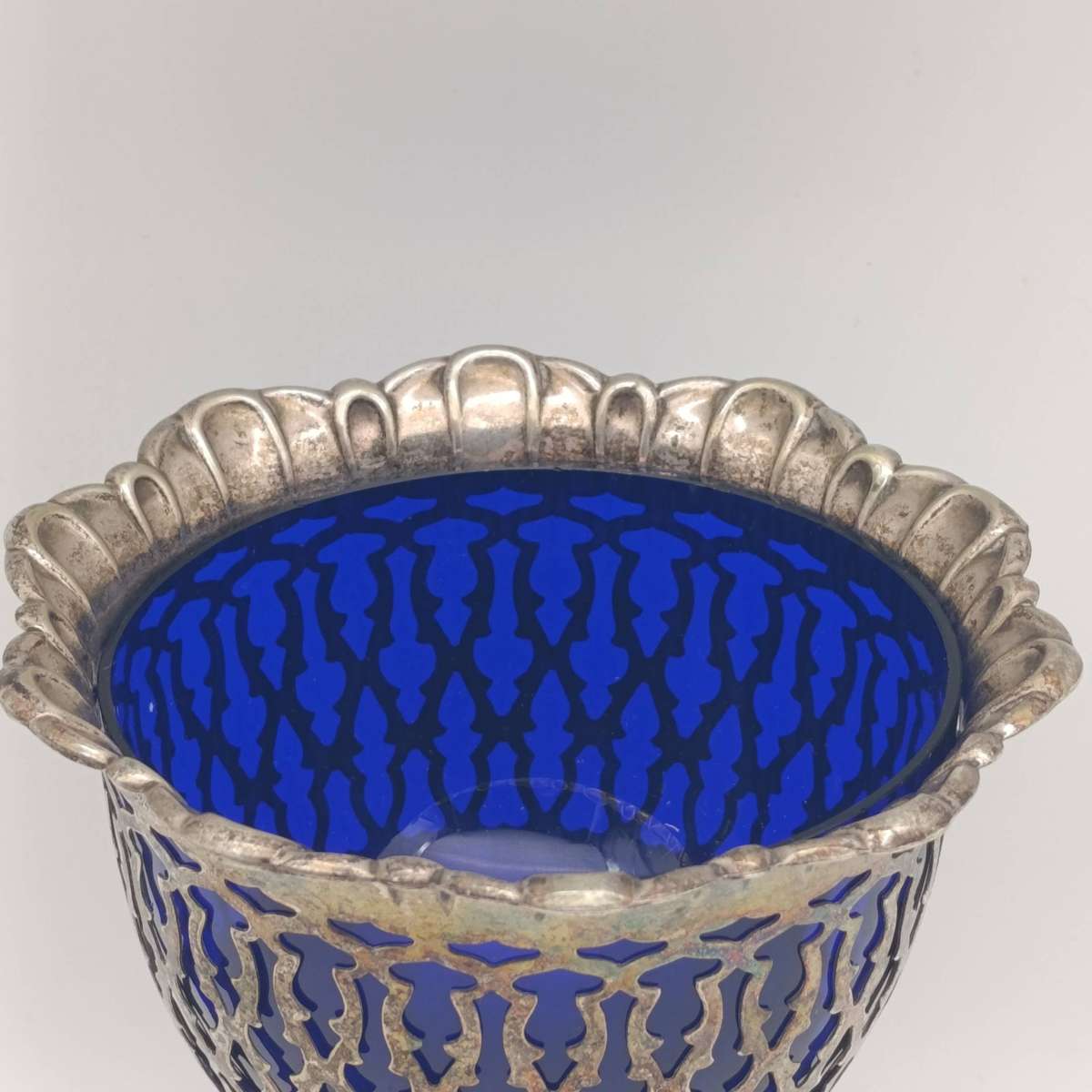 Silverplated vintage sugar bowl with cobalt blue glass insert