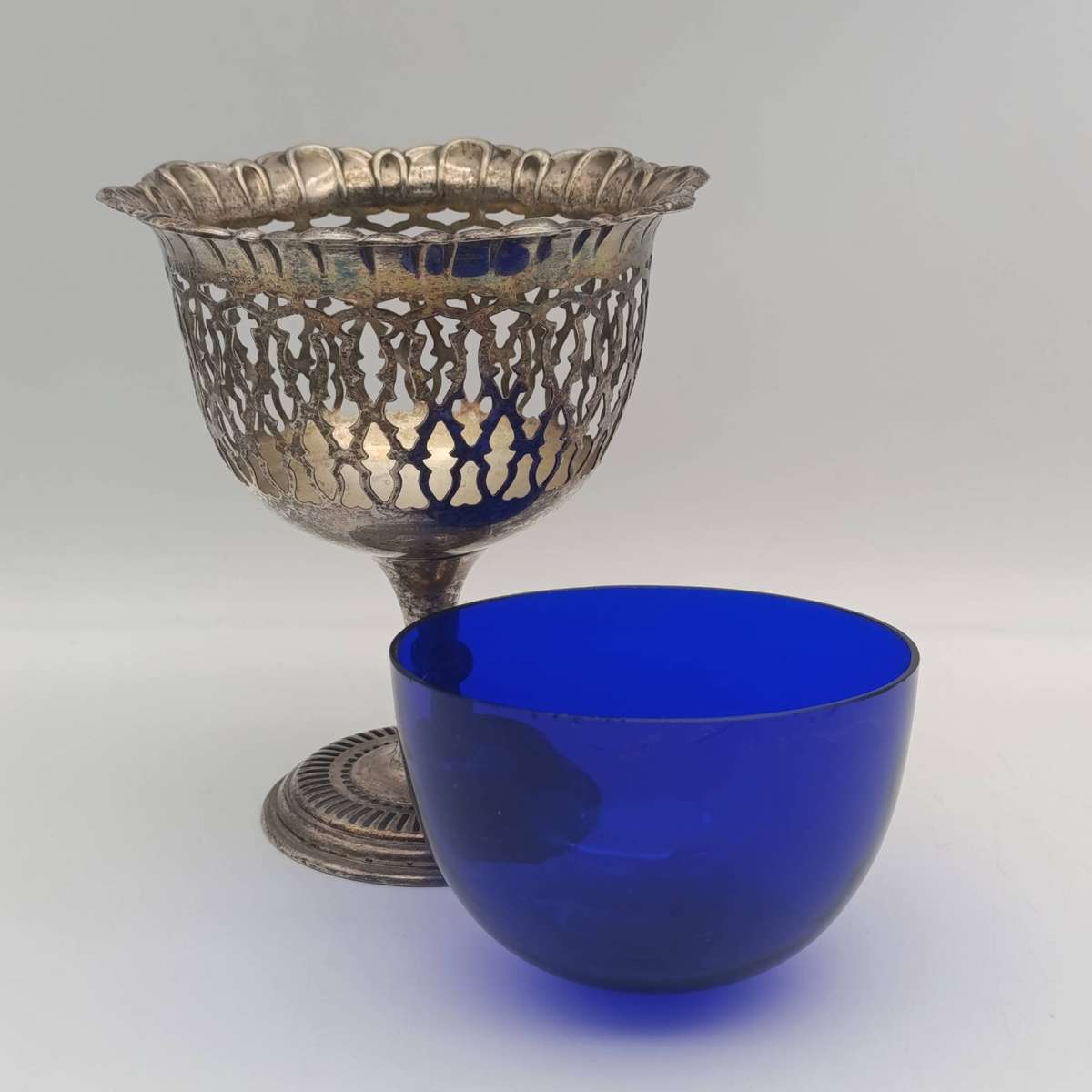 Silverplated vintage sugar bowl with cobalt blue glass insert