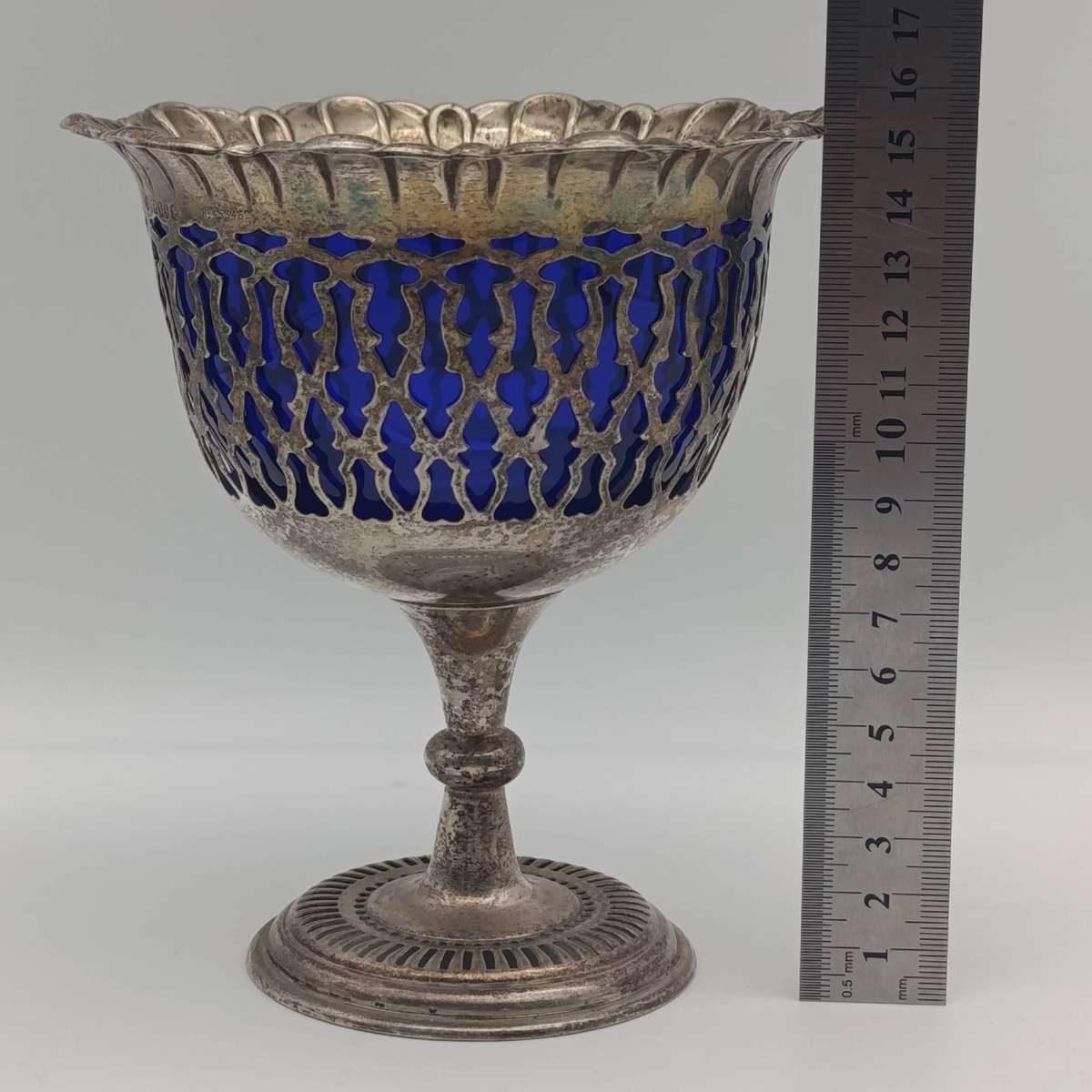 Silverplated vintage sugar bowl with cobalt blue glass insert