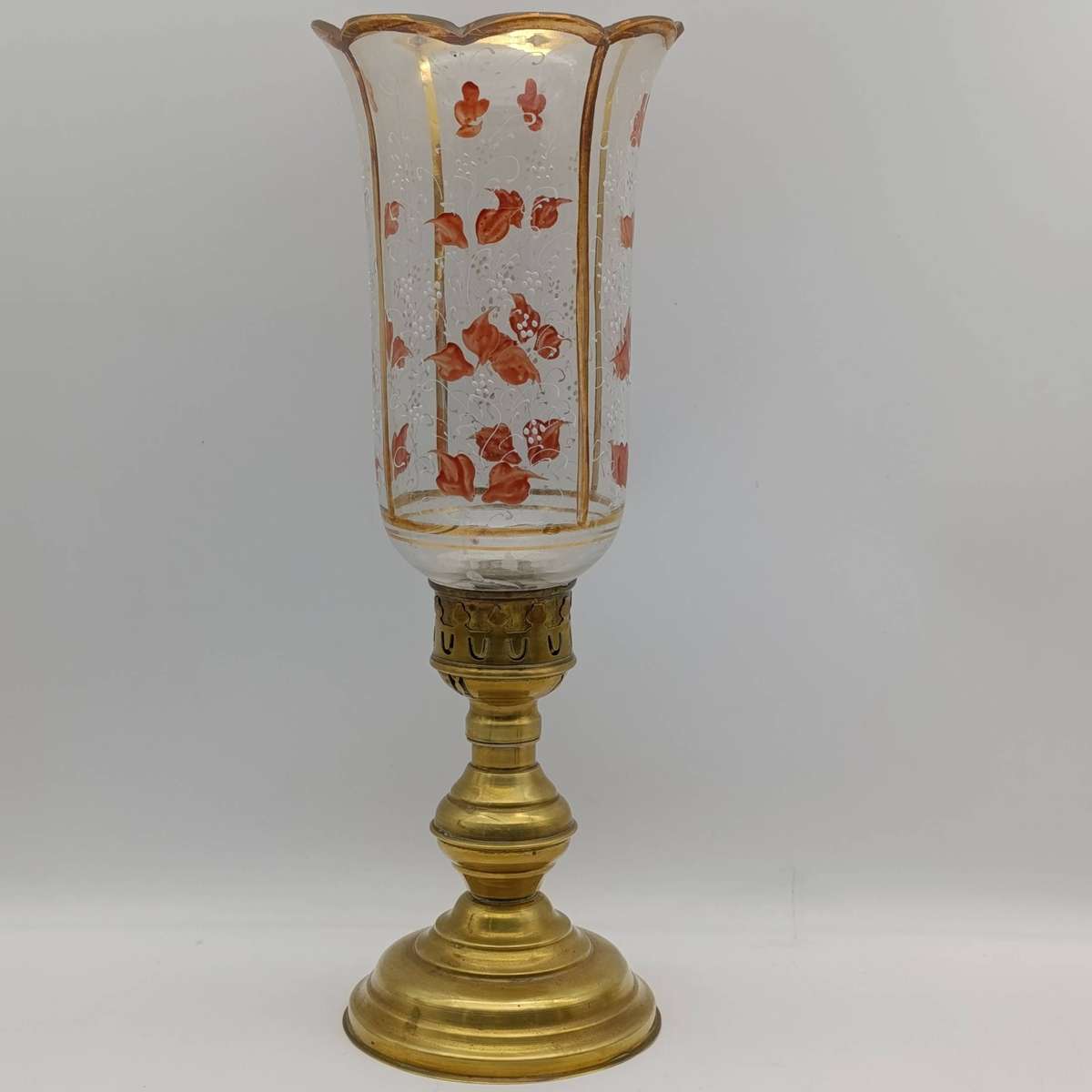 Pair of vintage brass candlesticks with hand painted glass shades