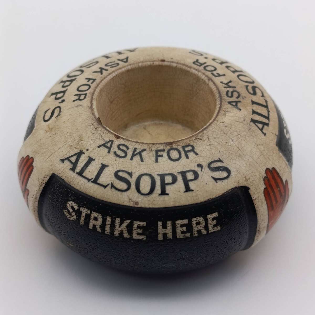 Antique Allsopp's Beer advertising ceramic match striker