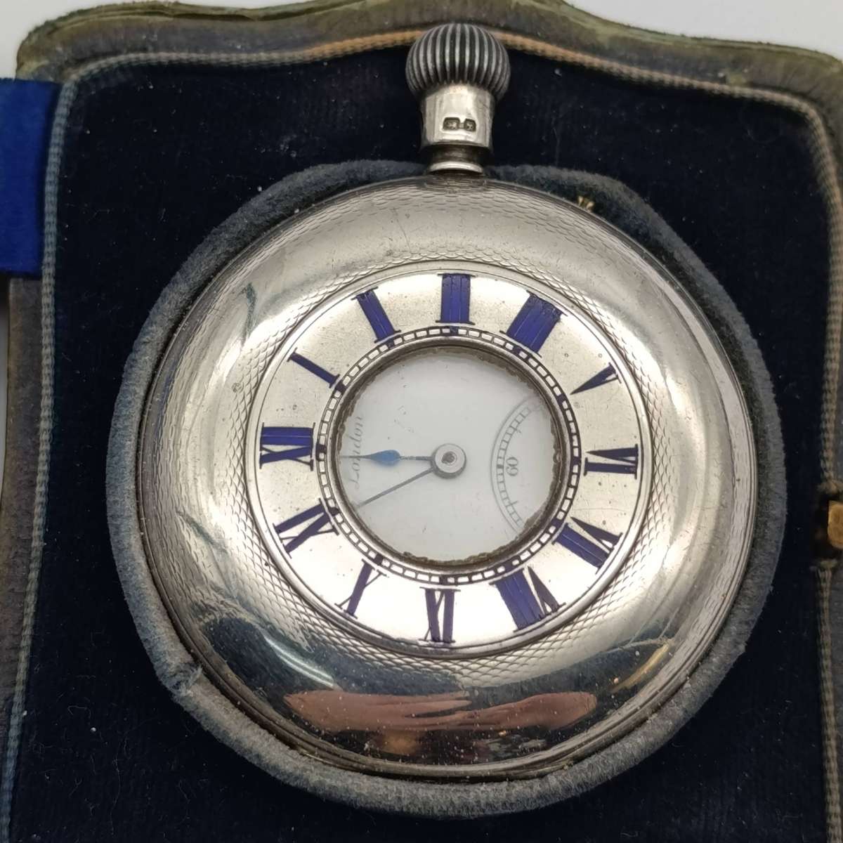 Antique hallmarked silver 1892 half hunter pocketwatch in silver front travelling case - working