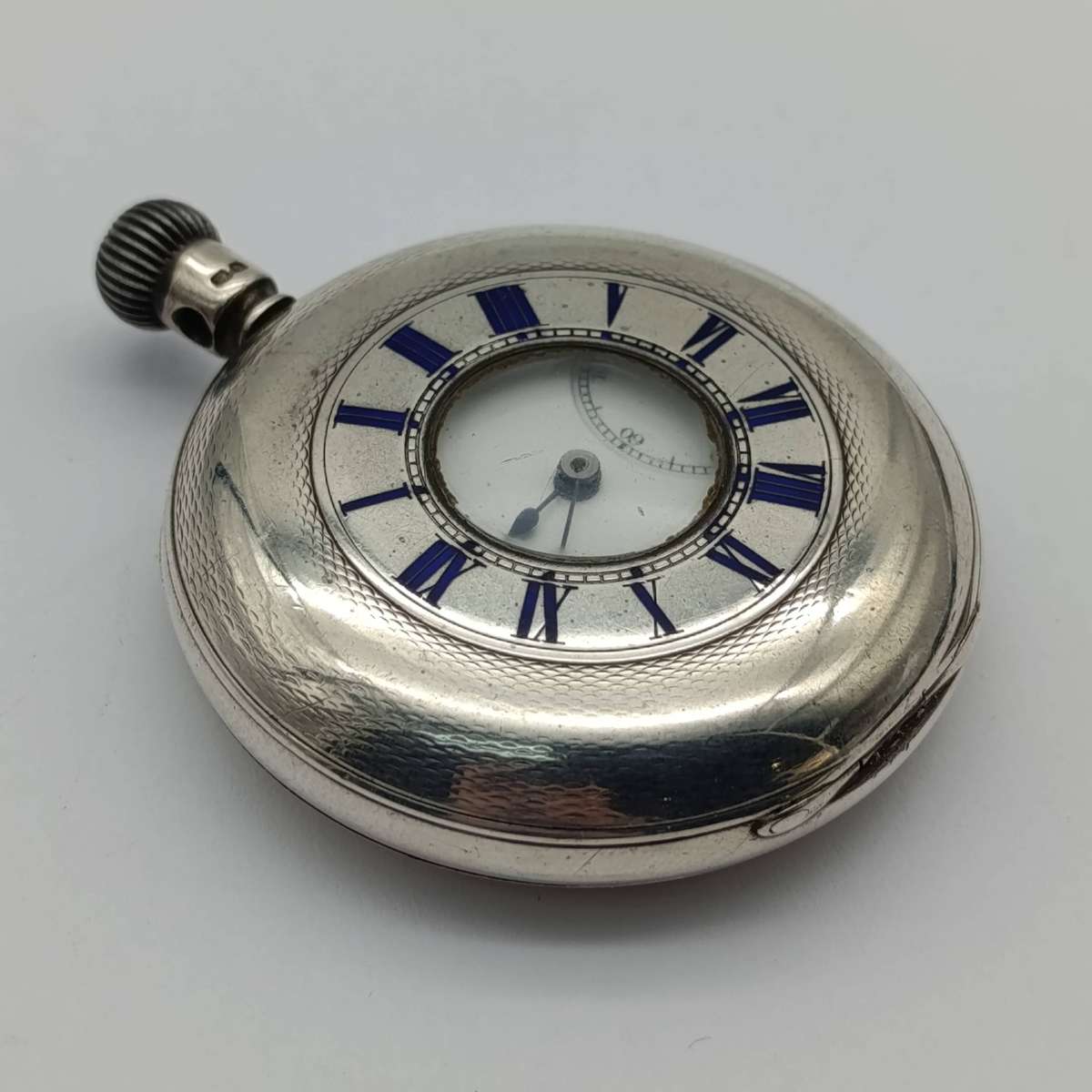 Antique hallmarked silver 1892 half hunter pocketwatch in silver front travelling case - working