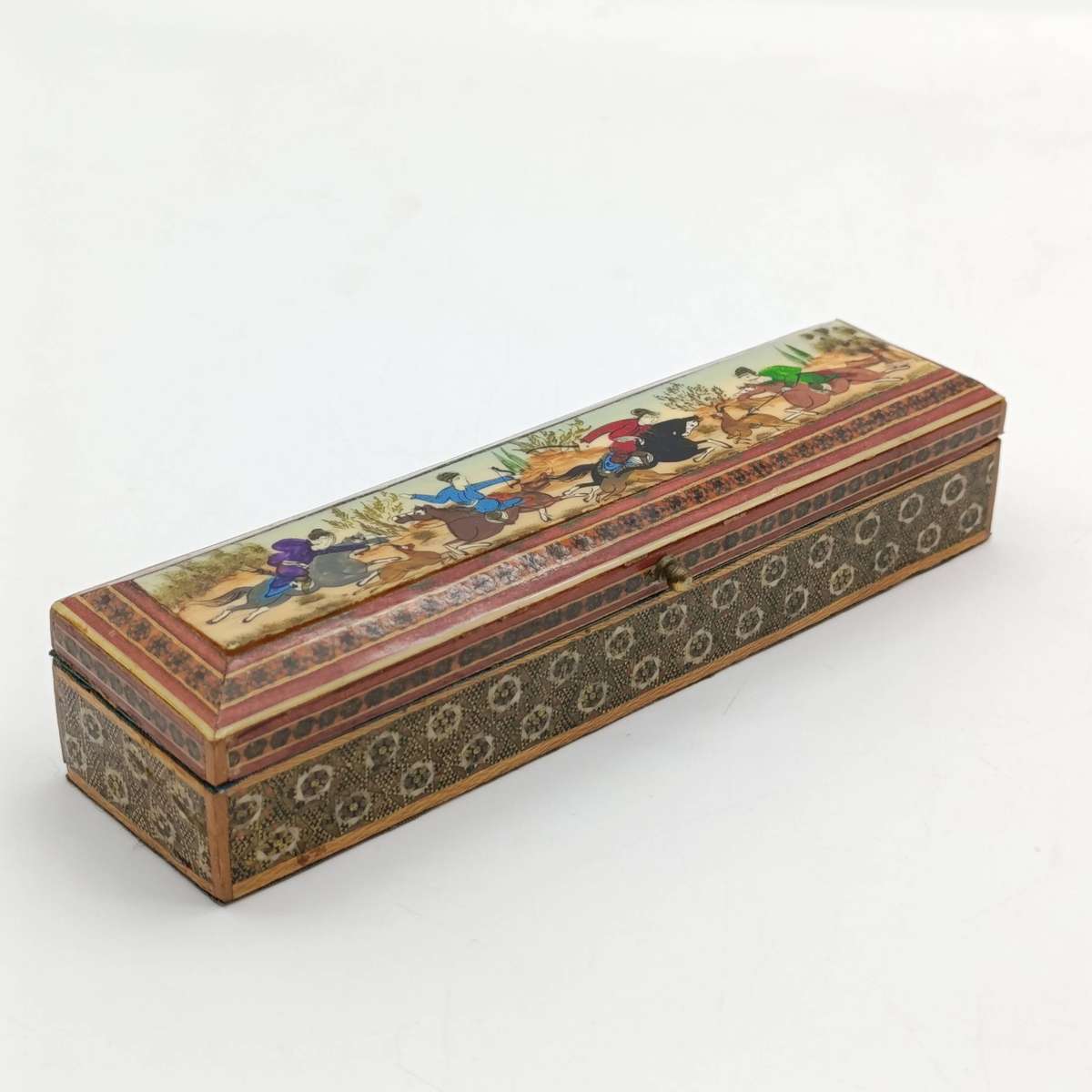 Vintage Persian Khatam-Kari trinket box with bottle scene