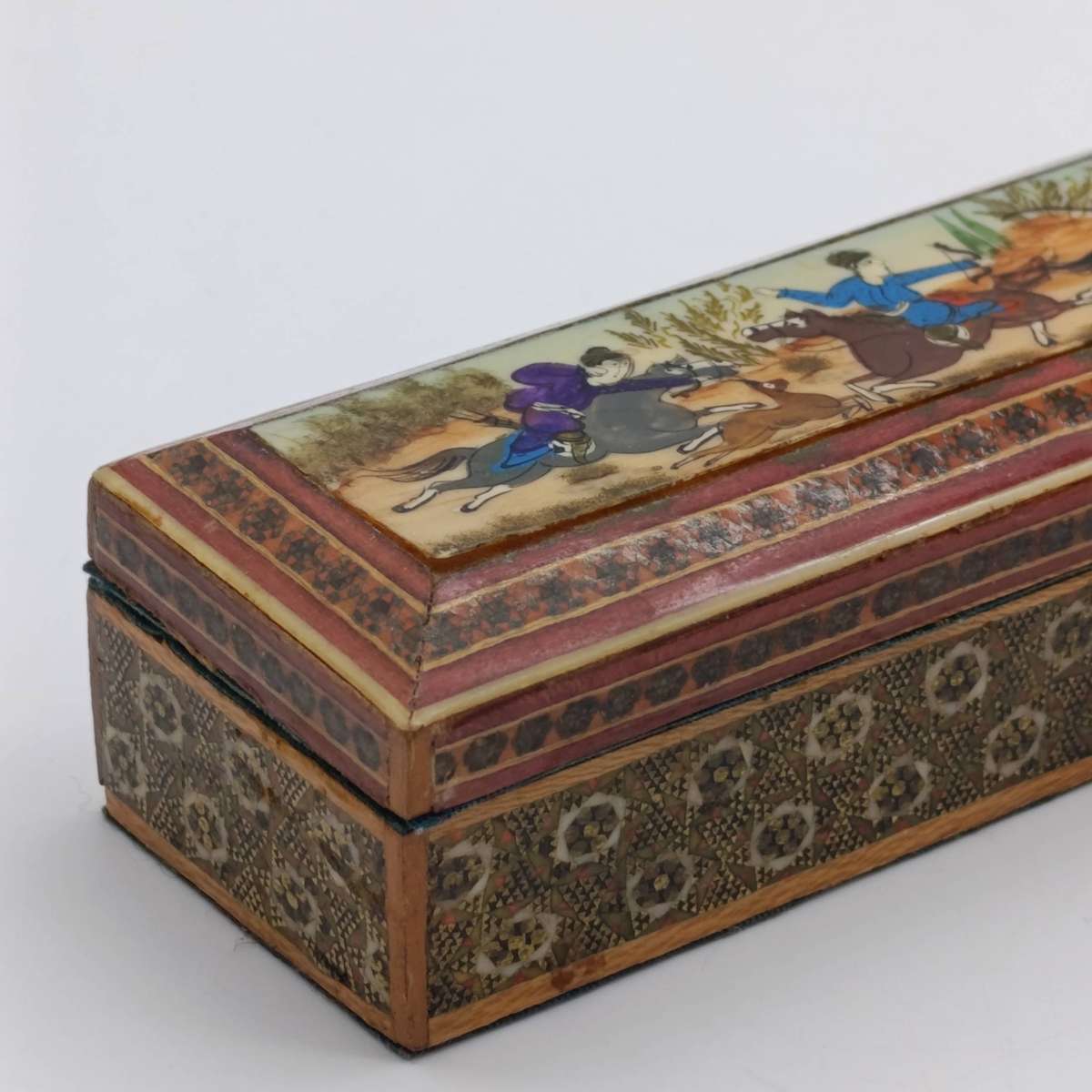 Vintage Persian Khatam-Kari trinket box with bottle scene