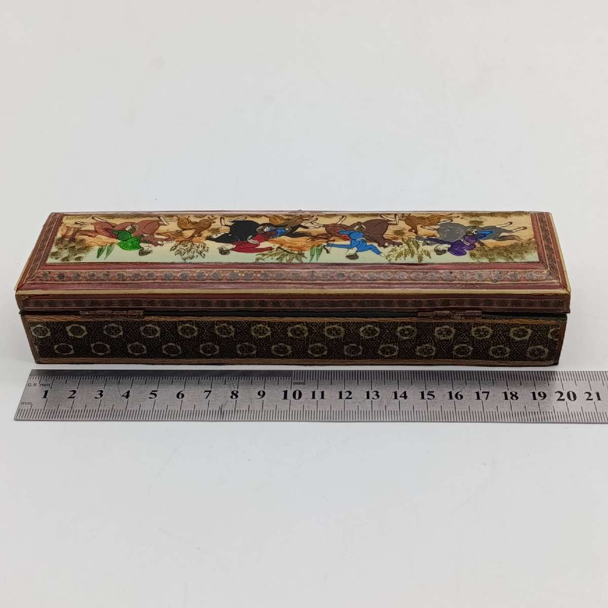 Vintage Persian Khatam-Kari trinket box with bottle scene