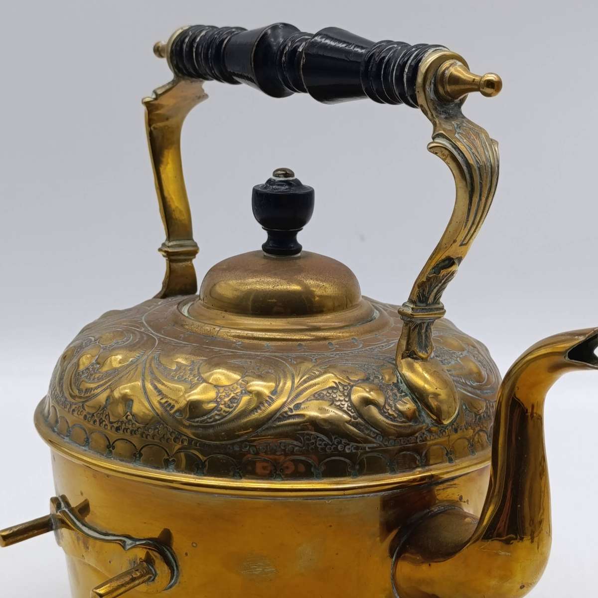 Antique Victorian brass tilting kettle with burner and stand
