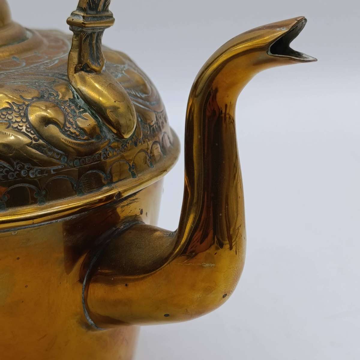 Antique Victorian brass tilting kettle with burner and stand