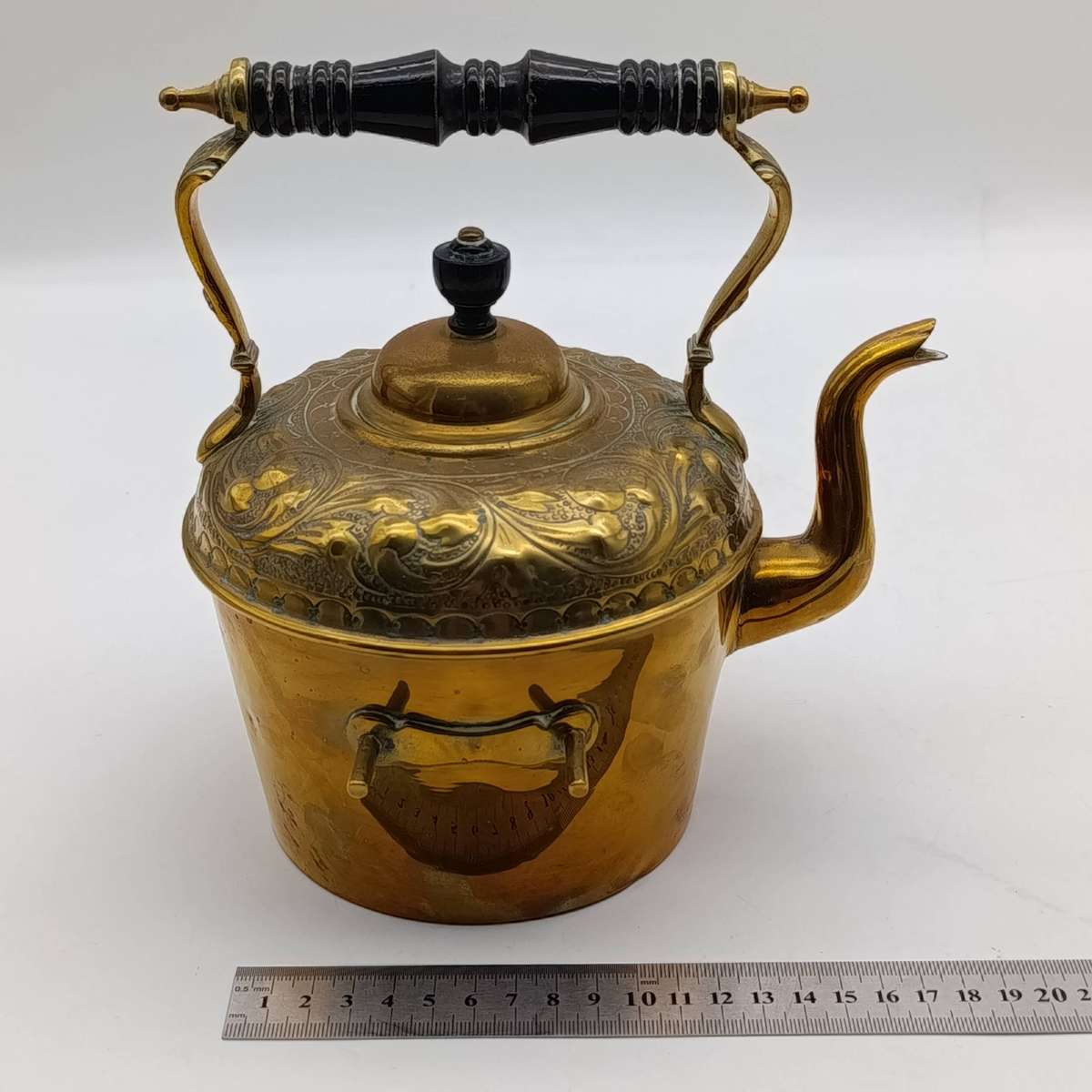 Antique Victorian brass tilting kettle with burner and stand