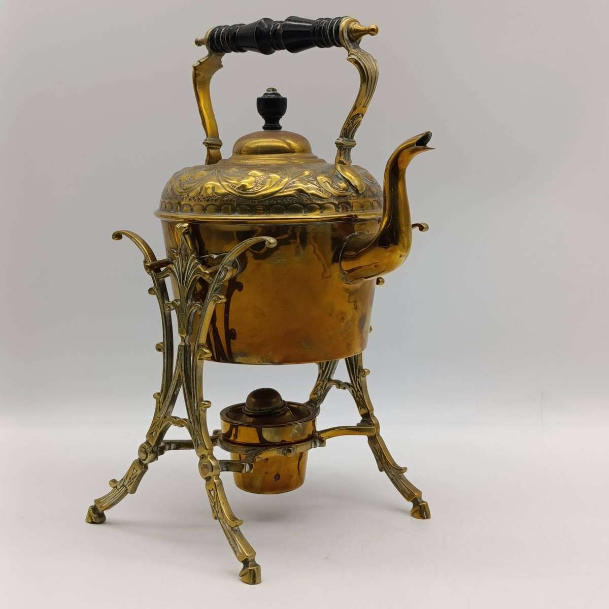 Antique Victorian brass tilting kettle with burner and stand