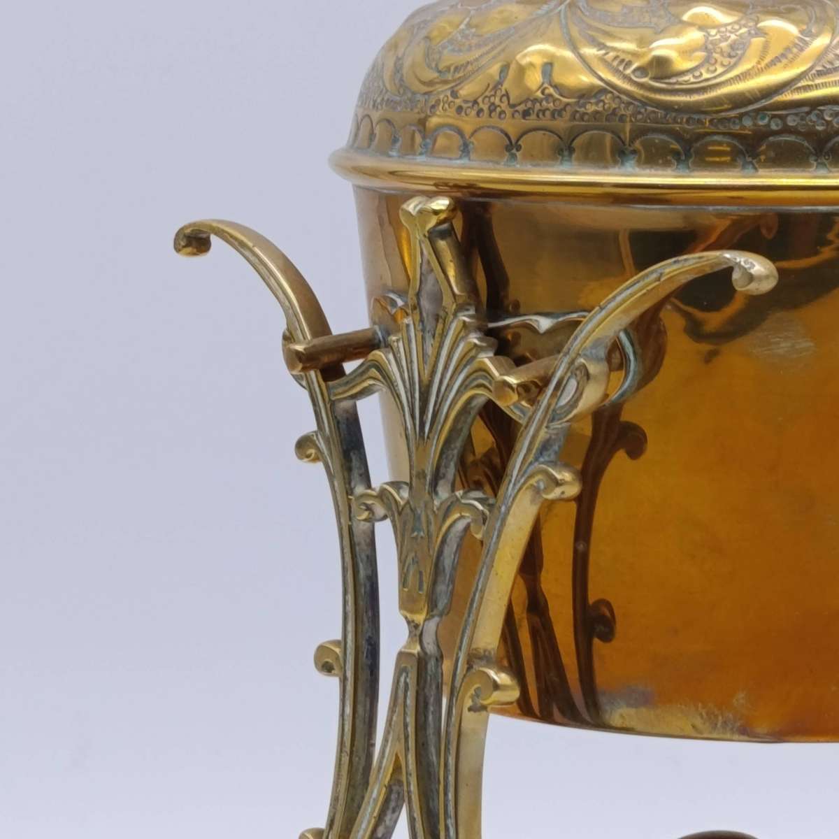 Antique Victorian brass tilting kettle with burner and stand