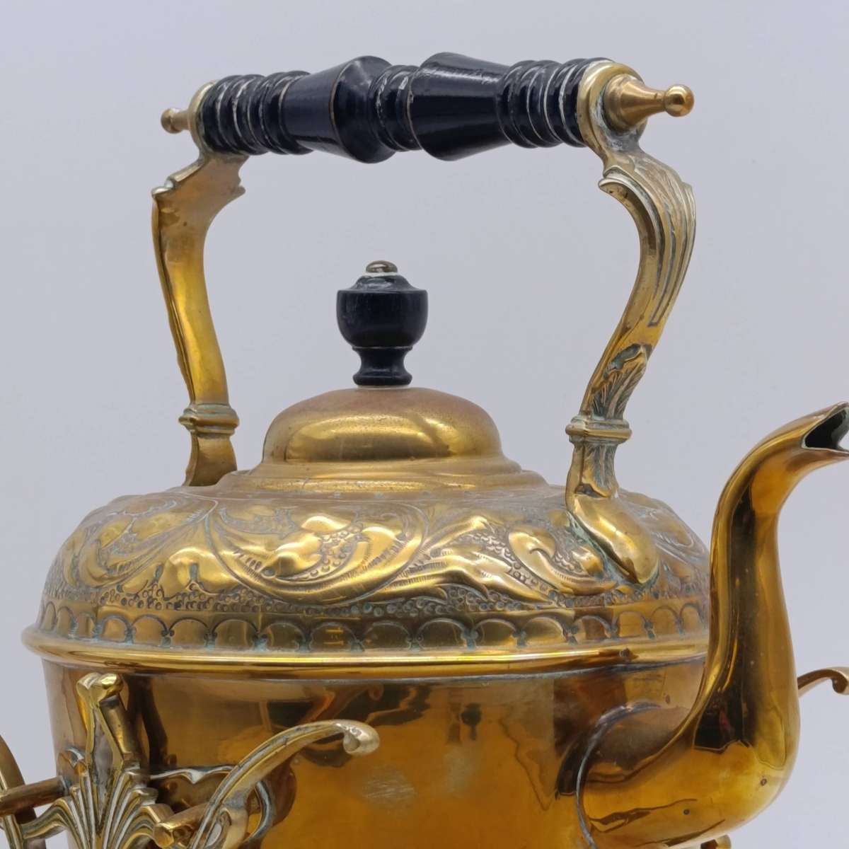 Antique Victorian brass tilting kettle with burner and stand