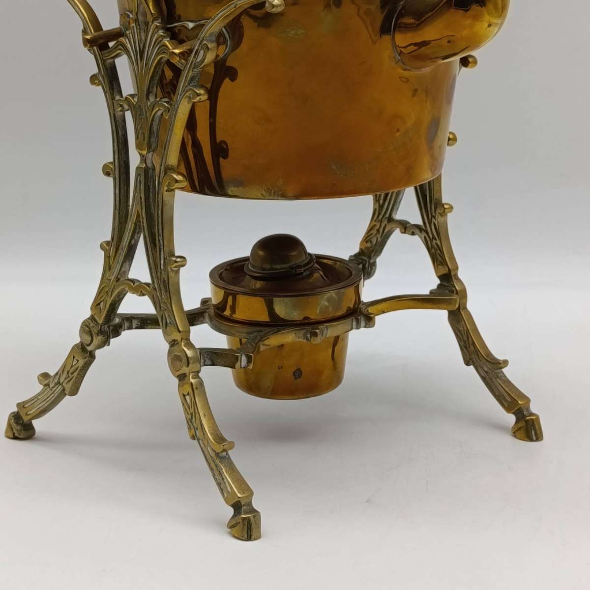 Antique Victorian brass tilting kettle with burner and stand