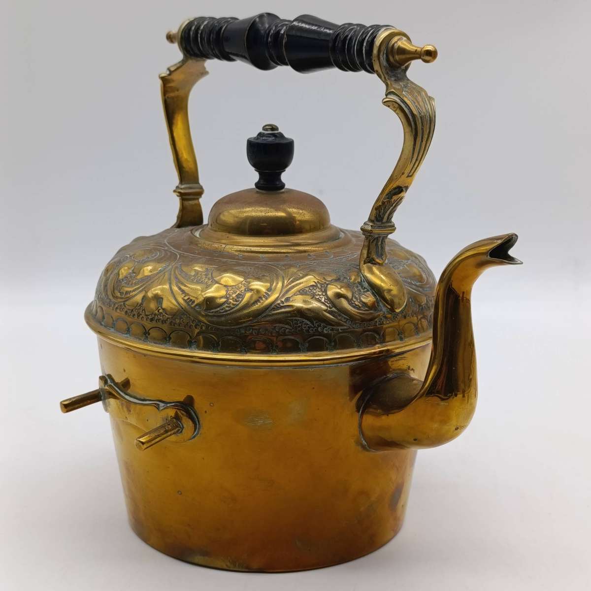 Antique Victorian brass tilting kettle with burner and stand