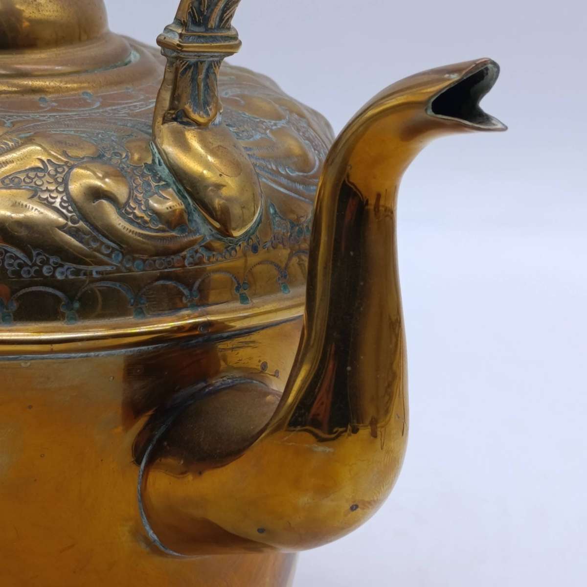 Antique Victorian brass tilting kettle with burner and stand