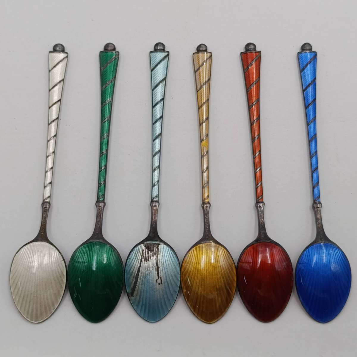 Vintage Denmark sterling silver enameled spoon set - as new