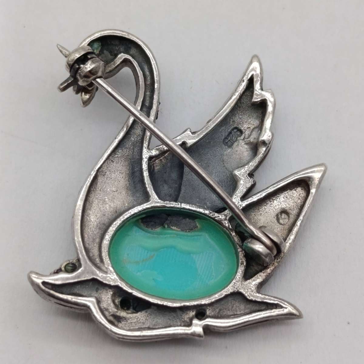 Sterling Silver Marcasite and Turquoise Brooch - 9.4g