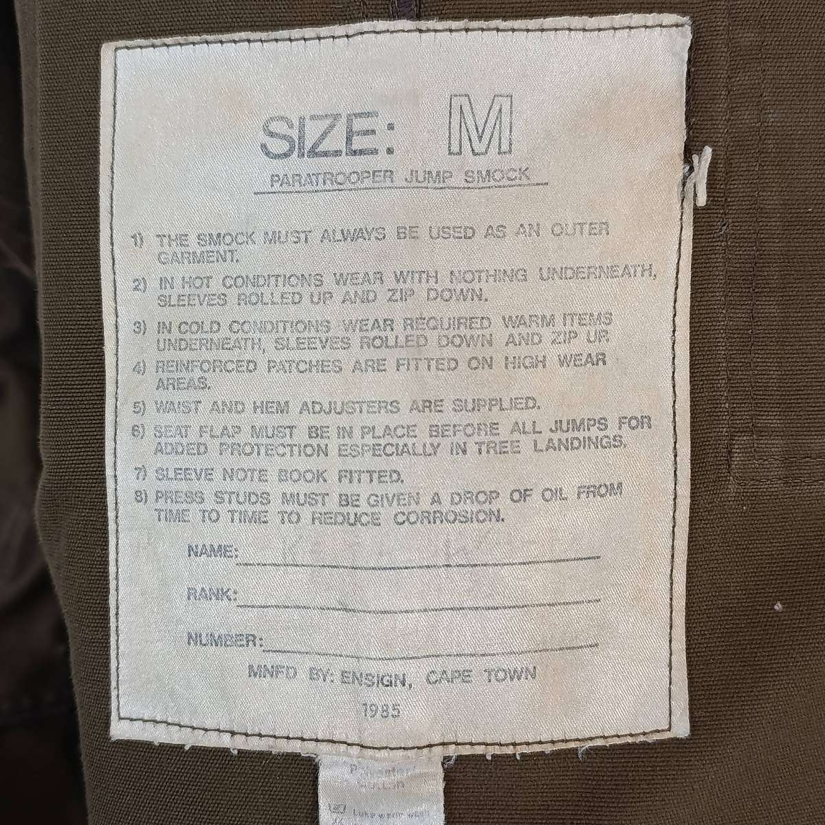 SADF Slangvel Paratrooper jump smock jacket of Captain Browne of 44 Parachute Battalion