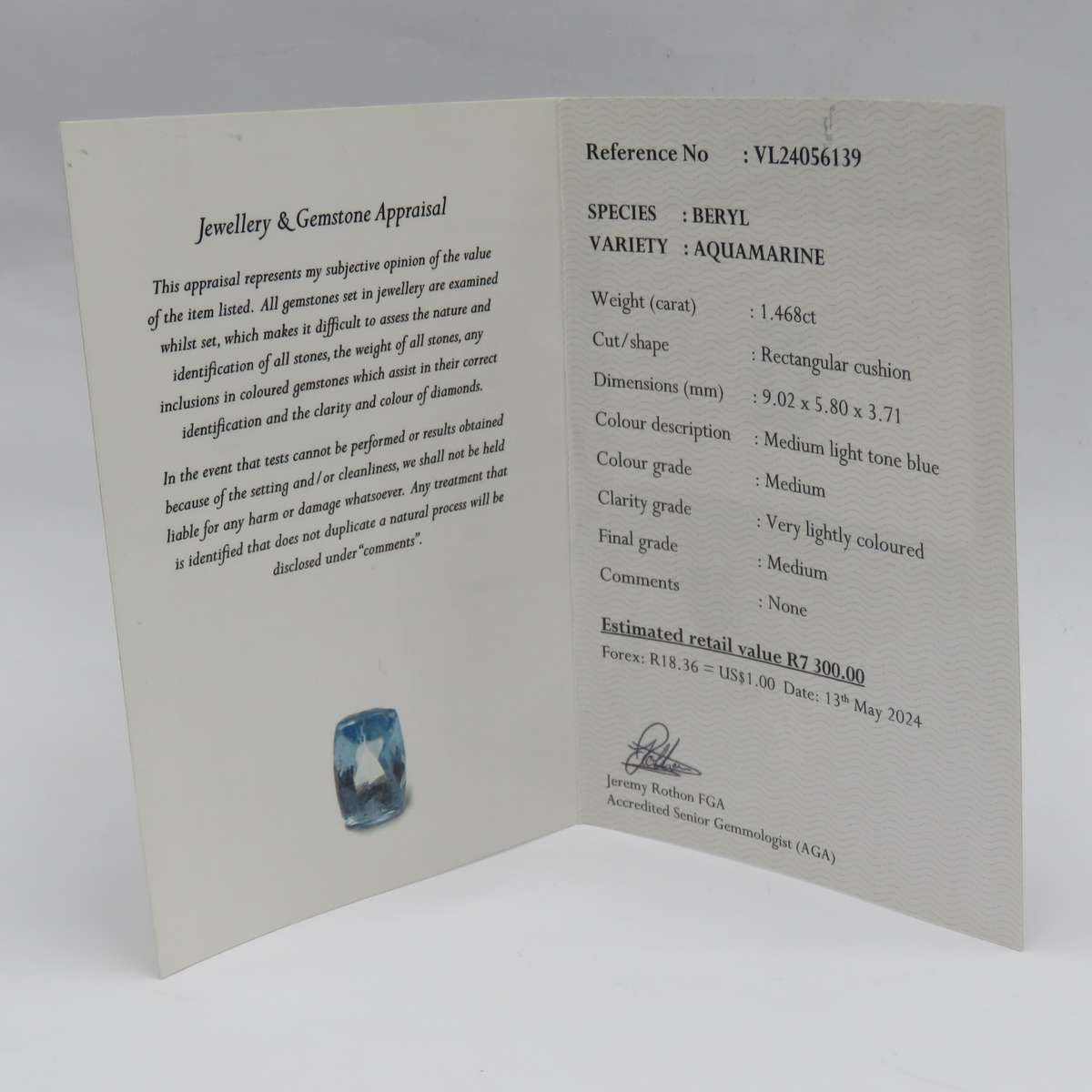 Rectangular Aquamarine of 1,468ct with GEMLAB certificate