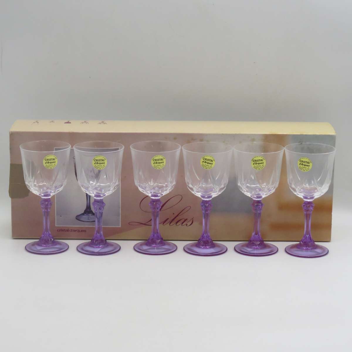 Set of 6 vintage Lilas crystal glasses in box
