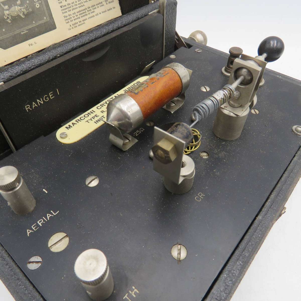 Antique Marconiphone Crystal Junior with SG Brown Type F headphones