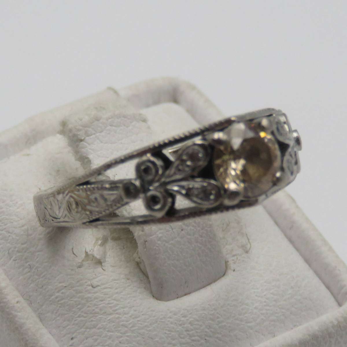 Bespoke 9kt White gold ring with Champagne citrine with 12 small diamonds in design - weighs 5,4g