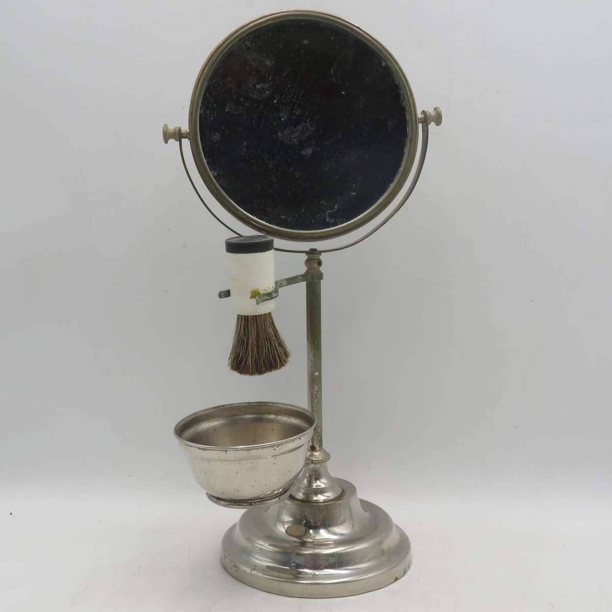 Vintage Shaving mirror stand with shaving brush - one side mirror cracked