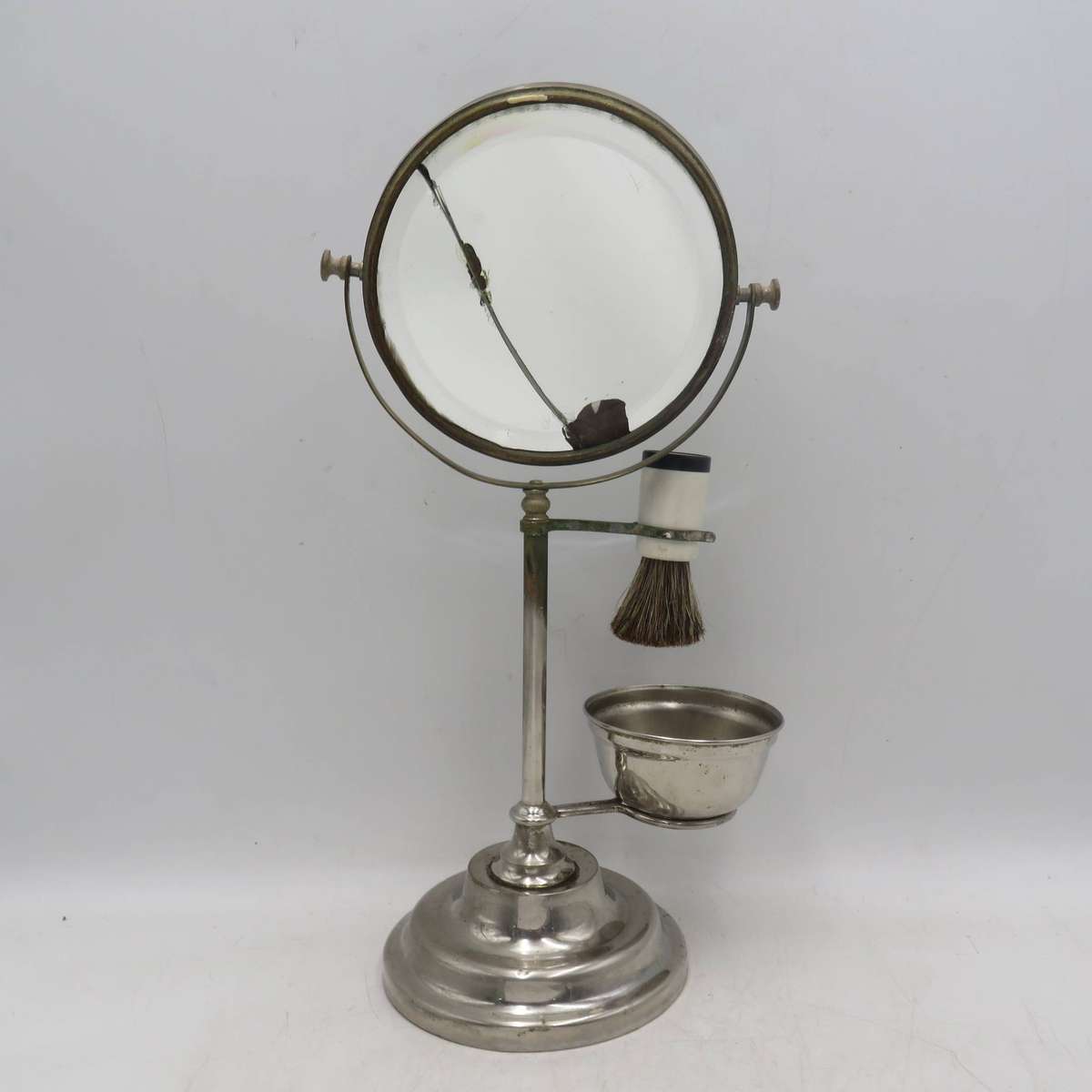 Vintage Shaving mirror stand with shaving brush - one side mirror cracked