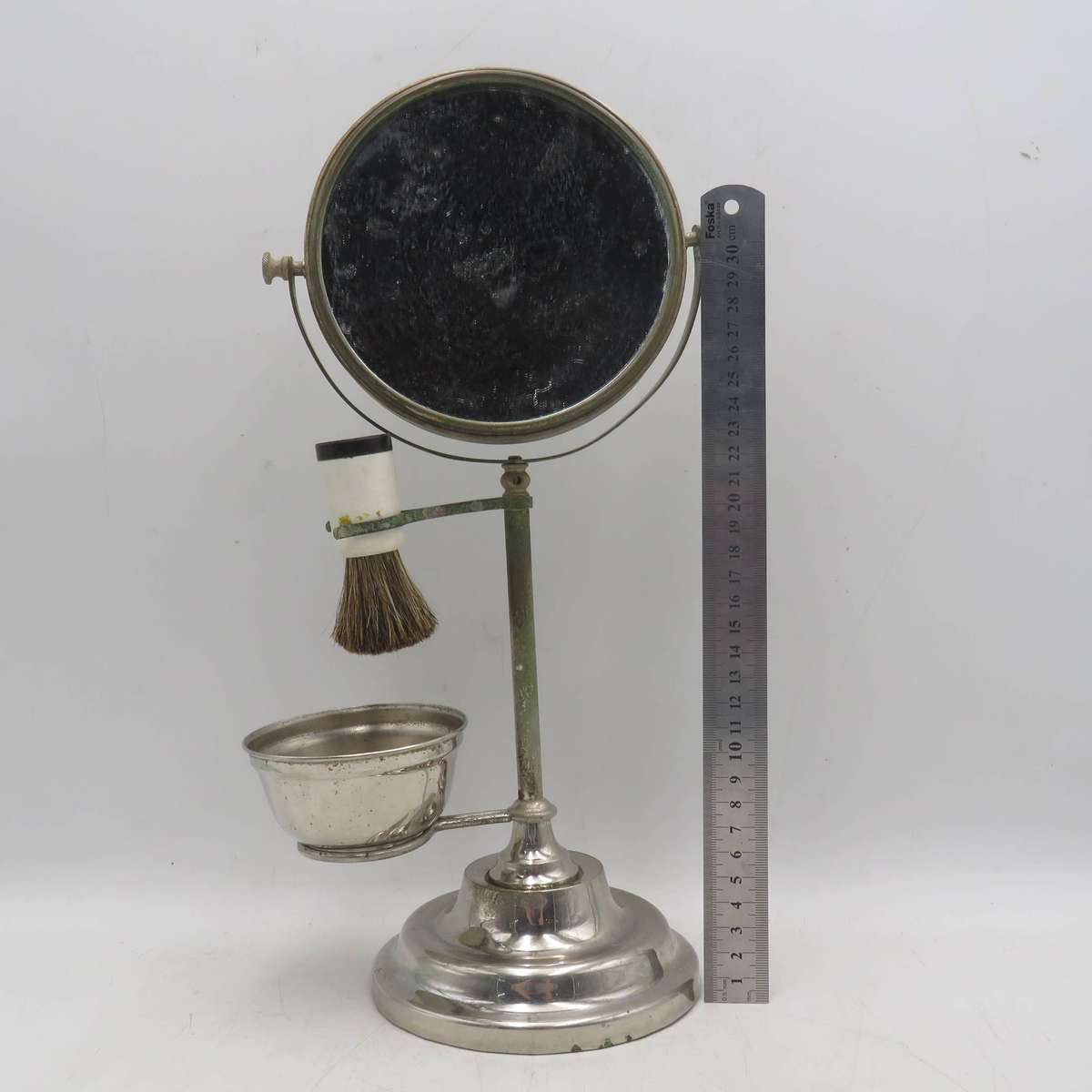Vintage Shaving mirror stand with shaving brush - one side mirror cracked