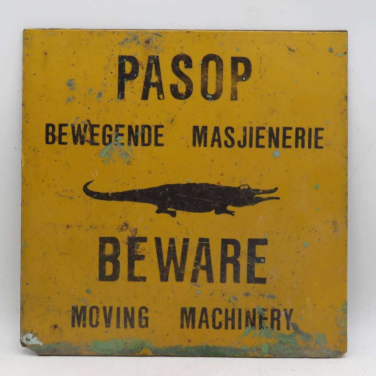 Vintage Beware Moving Machinery sign with Alligator - Plastic on metal sign