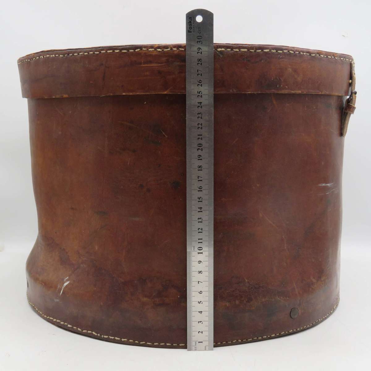 Antique Large round leather hat case