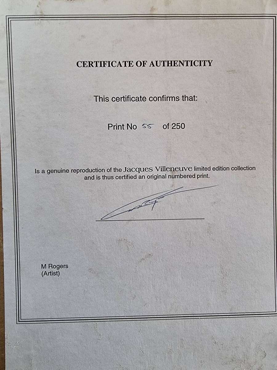 Jacques Villeneuve Formula 1 Print With Certificate of Authenticity